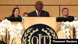 South African President Cyril Ramaphosa speaks at the opening day of the International Labour Organization's annual labor conference in Geneva, Switzerland, June 10, 2019.