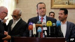 FILE - The U.N.'s special envoy to Yemen, Ismail Ould Cheikh Ahmed, speaks at a press conference in Sana'a, Jan. 10, 2016. 