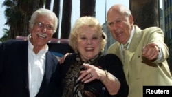 FILE - Actress Rose Marie, center, poses with co-stars Dick Van Dyke, left, and Carl Reiner during ceremonies to honor her with a star on the Hollywood Walk of Fame in Hollywood, Oct. 3, 2001. 