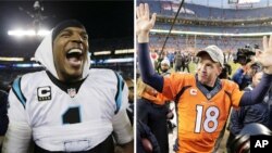 From left, Carolina Panthers' Cam Newton celebrates after the NFL football NFC Championship game in Charlotte, N.C., and Denver Broncos quarterback Peyton Manning waves to spectators following the NFL football AFC Championship in Denver, Jan. 24, 2016.