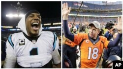 From left, Carolina Panthers' Cam Newton celebrates after the NFL football NFC Championship game against the Arizona Cardinals, in Charlotte, N.C., and Denver Broncos quarterback Peyton Manning waves to spectators following the NFL football AFC Championsh