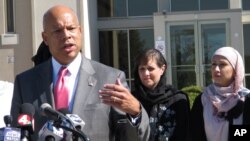 FILE - After meeting with police and Muslim communty representatives in Columbus, Ohio, Homeland Security Secretary Jeh Johnson talks about the need for vigilance against possible violent extremism in the United States, Sept. 24, 2014.