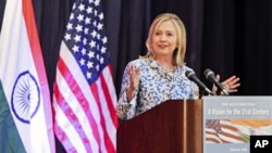 U.S. Secretary of State Hillary Clinton gives a lecture at the Anna Centenary Library in the southern Indian city of Chennai, July 20, 2011