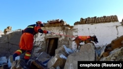 中国西藏自治区日喀则市定日县地震发生后，一名消防员带着救援犬在一个村庄里展开搜救行动。( 2025年1月8日)