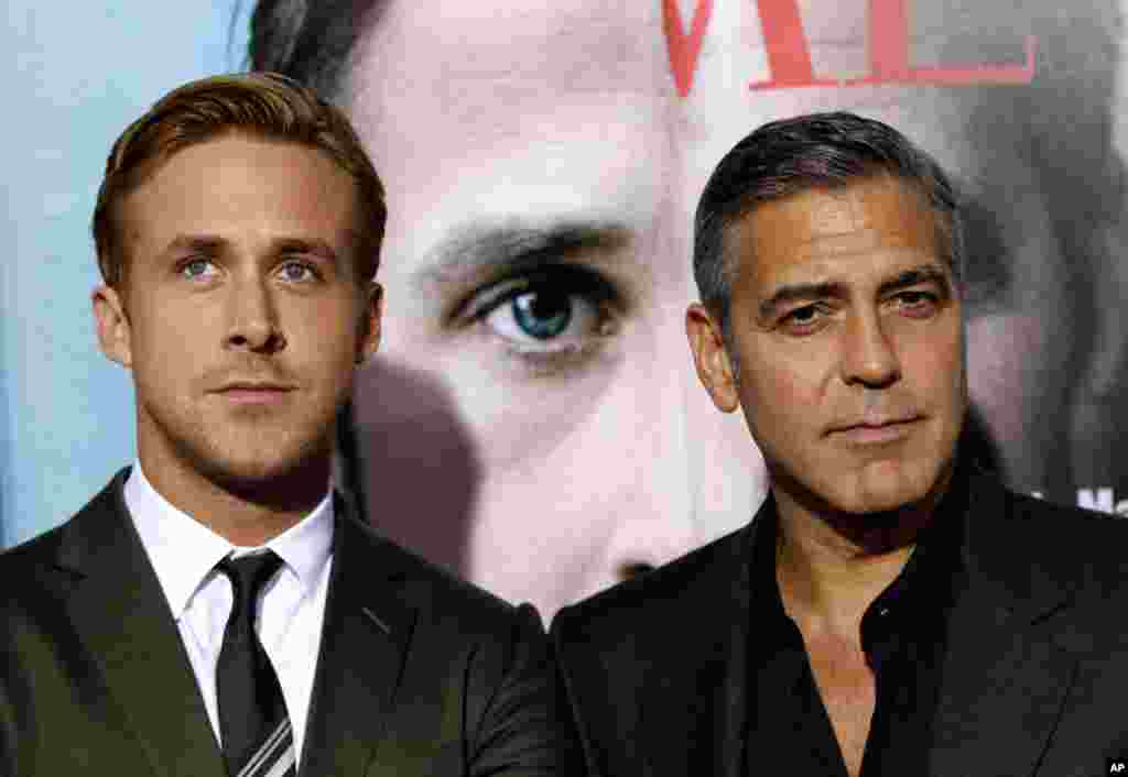 Director, writer, and cast member George Clooney,  and cast member Ryan Gosling at the premiere of "The Ides of March" which got a nod for Best Adapted Screenplay. (AP)