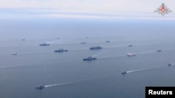 A still image from a video, released by Russia's Defence Ministry on Sept. 10, 2024, shows Russian warships during strategic command and staff navy exercises at sea. (Russian Defence Ministry/Handout via Reuters)