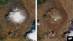 This combination of Sept. 14, 1986, left, and Aug. 1, 2019 photos provided by NASA shows the shrinking of the Okjokull glacier on the Ok volcano in west-central Iceland. 