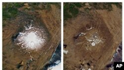 This combination of Sept. 14, 1986, left, and Aug. 1, 2019 photos provided by NASA shows the shrinking of the Okjokull glacier on the Ok volcano in west-central Iceland. 