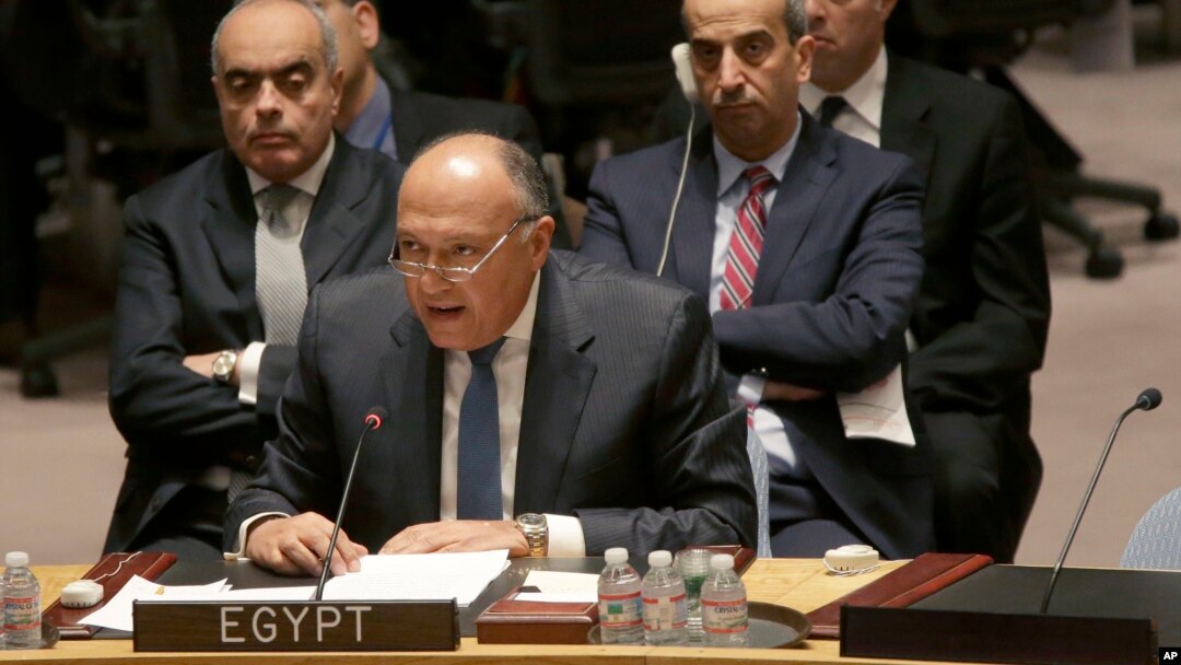 FILE - Egyptian Foreing Minister Sameh Shoukry speaks during a Security Council meeting on the situation in Libya, Wednesday, Feb. 18, 2015.