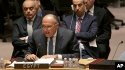 FILE - Egyptian Foreing Minister Sameh Shoukry speaks during a Security Council meeting on the situation in Libya, Wednesday, Feb. 18, 2015.