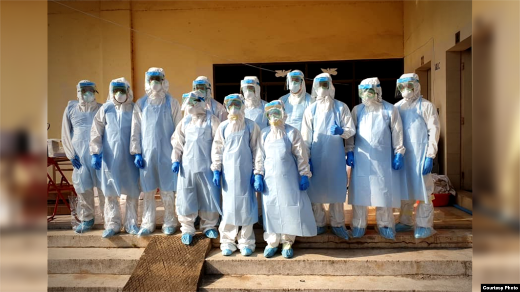 A group of Cambodian medical personnel dressed in protective gear as they performed coronavirus testing. (Courtesy of Cambodia&#39;s Communicable Disease Control Department)