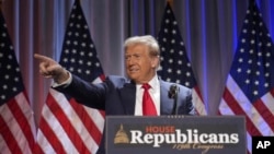 President-elect Donald Trump speaks as he arrives for a meeting with the House Republican conference, in Washington, Nov. 13, 2024.