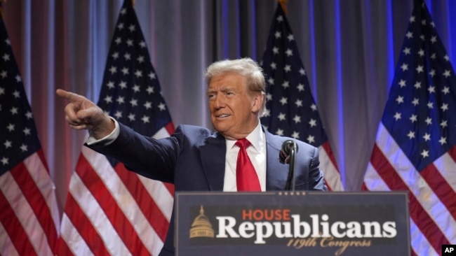 President-elect Donald Trump speaks as he arrives for a meeting with the House Republican conference, in Washington, Nov. 13, 2024.