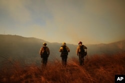 Firefighters look out over the Kenneth Fire in the West Hills section of Los Angeles, Jan. 9, 2025.