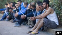 Men, whose hands are tied, sit after being arrested by Israeli border police during a raid in a cemetery aimed at netting illegal immigrants in Petah Tikva, Nov. 30, 2013.
