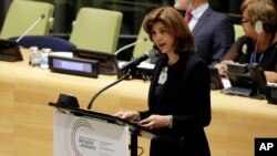 FILE - Colombia's Foreign Minister María Angela Holguin Cuellar addresses the United Nations Summit for Refugees and Migrants, in the Trusteeship Council Chamber of the United Nations, Sept. 19, 2016. 