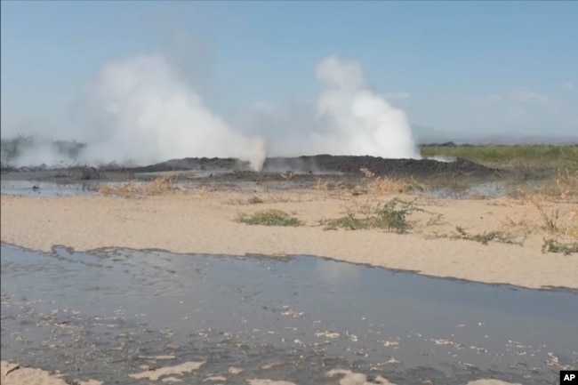 In this image taken from video, steam is released near volcanic activity in the Sagento Kebele village, Afar region, Ethiopia, on Jan. 4, 2025.