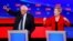 FILE - U.S. Senators Bernie Sanders (l) and Elizabeth Warren speak on the first night of the second 2020 Democratic presidential debate in Detroit, July 30, 2019.