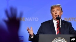 U.S. President Donald Trump speaks during a press conference after a summit of heads of state and government at NATO headquarters in Brussels, Belgium, Thursday, July 12, 2018. NATO leaders gather in Brussels for a two-day summit.