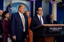 Treasury Secretary Steven Mnuchin speaks during a press briefing with the coronavirus task force, at the White House, March 17, 2020, in Washington, as President Donald Trump looks on.