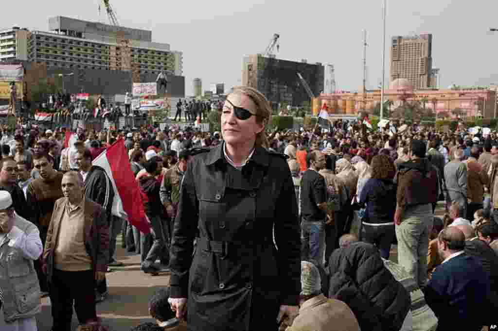 War correspondent Marie Colvin in Tahrir Square, Egypt, was working for Sunday Times of London when she was killed by Syrian government shelling in Homs, Syria. (AP)