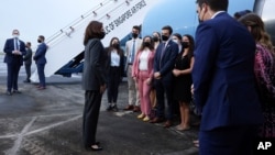 US Vice President Kamala Harris departs Singapore for Vietnam, Aug. 24, 2021. Officials said two possible cases of “Havana Syndrome” among American workers in Vietnam delayed her arrival.