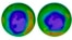 This combination of images made available by NASA shows areas of low ozone above Antarctica on Sept. 2000, left, and Sept. 2018. A United Nations report released on Nov. 5, 2018 says Earth’s protective ozone layer is finally healing after aerosol sprays and coolants ate away at it.