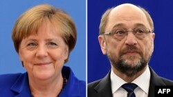 This combination of file pictures shows German Chancellor Angela Merkel (L), and the German Social Democratic SPD party's candidate for chancellorship Martin Schulz.