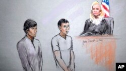 Courtroom sketch shows defendants Dias Kadyrbayev, left, and Azamat Tazhayakov appearing in front of Federal Magistrate Marianne Bowler at the Moakley Federal Courthouse in Boston, May 1, 2013.