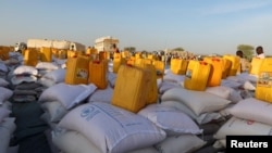 FILE - Part of the aid provided by the World Food Program is seen in Adre Camp in Adre, Chad, November 8, 2023. 