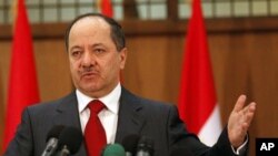 President of the Kurdistan Regional Government Masud Barzani speaks to the press in Baghdad, Iraq, 11 Nov 2010