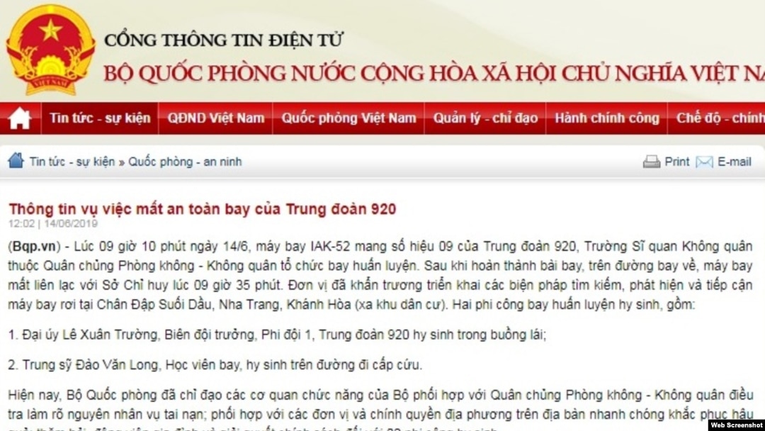 Cổng Thông Tin Điện tử VN loan báo tai nạn rớt máy bay quân sự ở Khánh Hòa hôm 14/6/2019