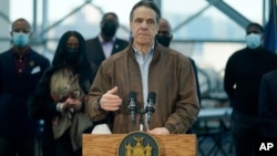 New York Gov. Andrew Cuomo speaks at a vaccination site on March 8, 2021, in New York. 