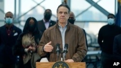 New York Gov. Andrew Cuomo speaks at a vaccination site on March 8, 2021, in New York. 