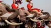 Para pawang dan gajah mereka yang didekorasi ornamen Natal, berpose untuk anak-anak selama perayaan Natal di sekolah Jirasart Witthaya di Ayutthaya, Thailand (24/12). (Foto: AFP)