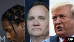 Photo combination created on July 25, 2019 shows rapper ASAP Rocky (L) in Los Angeles on Oct. 29, 2016, Swedish PM Stefan Lofven (C) in Paris on June 24, 2019 and US President Donald Trump (R) at the White House in Washington, DC., July 24, 2019.