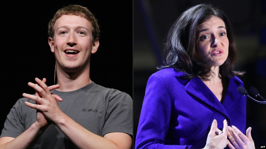 FILE - A photo combo created on March 30, 2018 shows( L )Facebook CEO Mark Zuckerberg delivering a keynote address in San Francisco, Calif.,and (R) Facebook's Chief Operating Officer Sheryl Sandberg inaugurating the interactive Facebook exhibition "Connexions" in Paris, France on Jan. 22, 2018. 