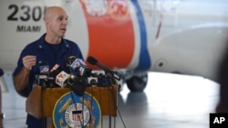 Coast Guard Captain Mark Fedor responds to questions during a press conference on the search-and-rescue missing for container ship El Faro, at Coast Guard Air Station Miami, Florida, Oct. 5, 2015, in a photo provided by the U.S. Coast Guard.