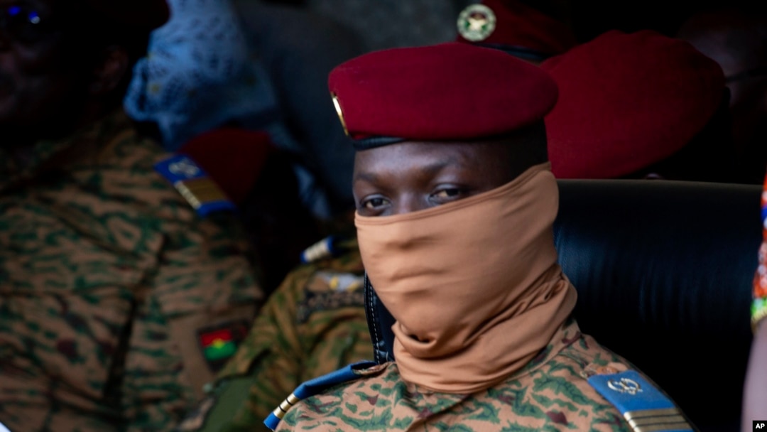 FILE - Burkina Faso coup leader Capt. Ibrahim Traore participates in a ceremony in Ouagadougou, Oct. 15, 2022. 