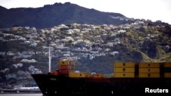 FILE - Houses can be seen on the hillside behind a container ship as it sails into Oriental Bay in the New Zealand capital city of Wellington, New Zealand, September 17, 2011. (REUTERS/David Gray/File Photo )