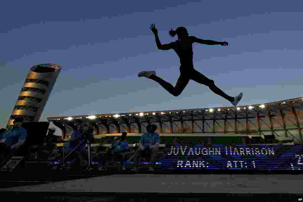 JuVaughn Harrison competes during the finals of the men&#39;s long jump at the U.S. Olympic Track and Field Trials, June 27, 2021, in Eugene, Oregon.