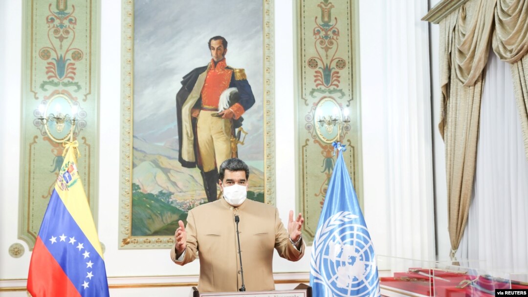 Venezuela's President Nicolas Maduro speaks at the 75th UN annual meeting from Miraflores Palace in Caracas, Venezuela September 22, 2020. Miraflores Palace/Handout via REUTERS ATTENTION EDITORS - THIS PICTURE WAS PROVIDED BY A THIRD PARTY.