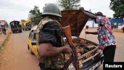 A gendarme checks a driver's car at a checkpoint in the PK4 district of Bangui, Feb. 27, 2014.