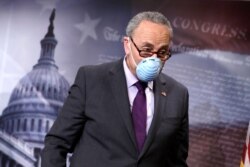U.S. Senate Minority Leader Chuck Schumer (D-NY) leaves after a news conference on the response to the coronavirus disease (COVID-19) outbreak on Capitol Hill in Washington, May 19, 2020.