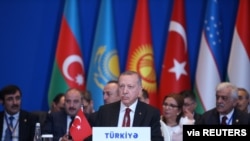 Turkish President Tayyip Erdogan attends a meeting of the Turkic Council in Baku, Azerbaijan, Oct. 15, 2019. 