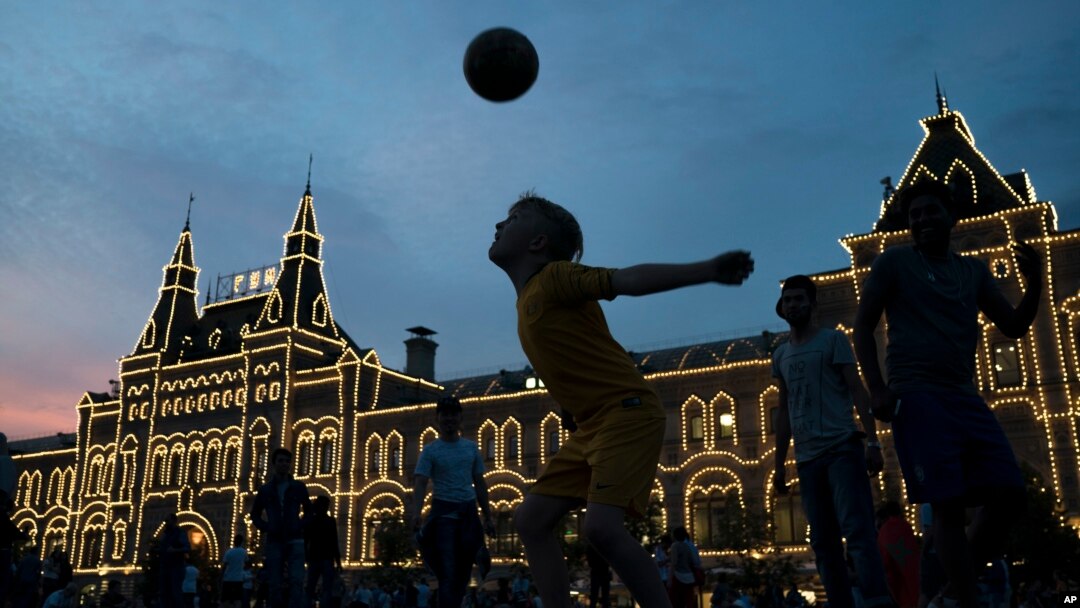 People play soccer at the Red Square during the 2018 soccer World Cup in Moscow, Russia, June 19, 2018.