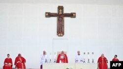 FILE—Pope Francis speaks during a mass at the Bentegodi stadium as part of a visit in Verona, on May 18, 2024.
