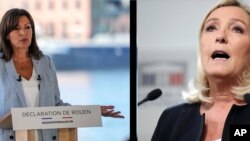 A combo of file photos shows Socialist mayor of Paris Anne Hidalgo (L) announces her candidacy for the 2022 presidential election, Normandy, Sept. 12, 2021, and far-right National Rally leader Marine Le Pen (R) gives a press conference in Paris, 2019.