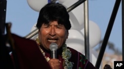 FILE - Former Bolivian President Evo Morales speaks to supporters in La Paz, Bolivia, Sept. 23, 2024.