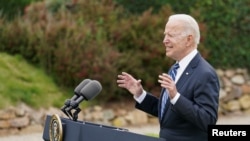 U.S. President Joe Biden speaks about his administration's pledge to donate 500 million doses of the Pfizer coronavirus vaccine to the world's poorest countries, during a visit to St. Ives in Cornwall, Britain, June 10, 2021. 